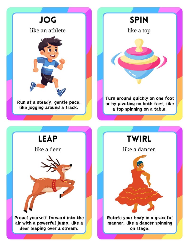 May include: Four colorful flashcards with illustrations and text describing physical actions. The cards show a boy jogging, a spinning top, a deer leaping, and a dancer twirling. Each card has a different colored border and text describing the action.