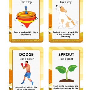 Puede incluir: Cuatro tarjetas ilustradas con texto. Las tarjetas muestran acciones: girar como una peonza, olfatear como un perro, esquivar como un boxeador y brotar como una planta. Cada tarjeta tiene un borde amarillo y un fondo blanco.