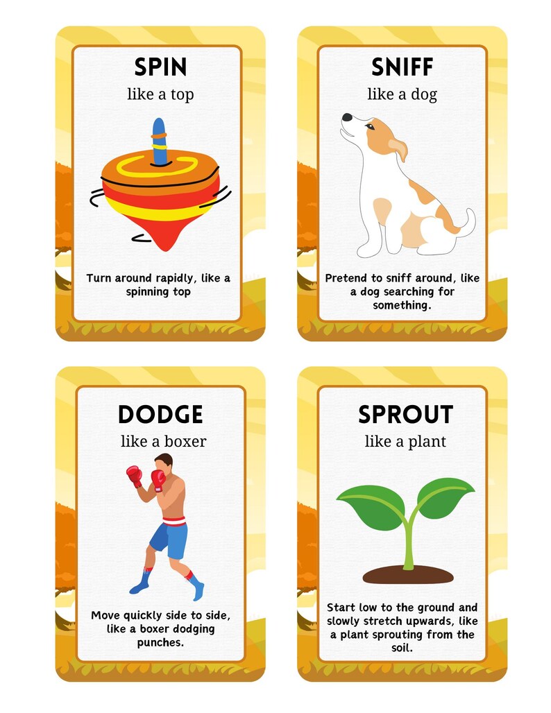 Puede incluir: Cuatro tarjetas ilustradas con texto. Las tarjetas muestran acciones: girar como una peonza, olfatear como un perro, esquivar como un boxeador y brotar como una planta. Cada tarjeta tiene un borde amarillo y un fondo blanco.