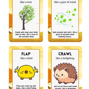 Puede incluir: Cuatro tarjetas con ilustraciones y texto. Las tarjetas presentan las palabras "SWAY", "SWIRL", "FLAP" y "CRAWL", cada una acompa&ntilde;ada de una imagen y texto descriptivo. Las tarjetas tienen un borde amarillo y un fondo con tem&aacute;tica oto&ntilde;al.