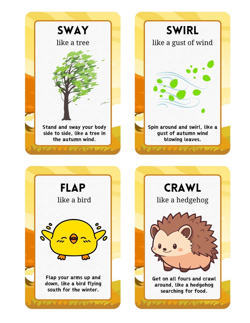 Puede incluir: Cuatro tarjetas con ilustraciones y texto. Las tarjetas presentan las palabras "SWAY", "SWIRL", "FLAP" y "CRAWL", cada una acompa&ntilde;ada de una imagen y texto descriptivo. Las tarjetas tienen un borde amarillo y un fondo con tem&aacute;tica oto&ntilde;al.