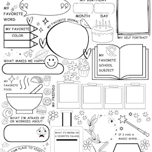 May include: Black and white "All About Me" worksheet, ideal for children. Features spaces for favourite things, self-portrait, birthday, and a section for what the user would bring on a deserted island.