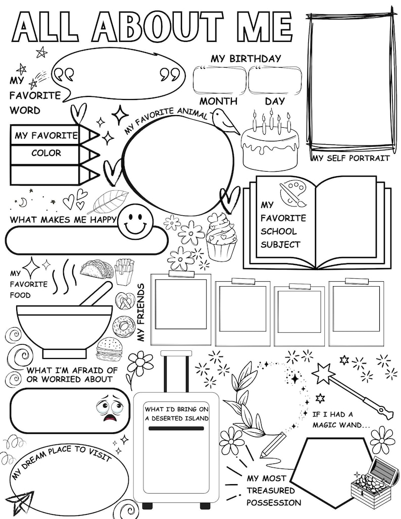 May include: Black and white "All About Me" worksheet, ideal for children. Features spaces for favourite things, self-portrait, birthday, and a section for what the user would bring on a deserted island.
