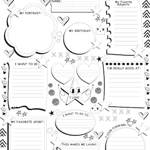 May include: A black and white printable "All About Me" worksheet. Includes spaces for personal details, favourite subjects, and aspirations. Decorated with stars, hearts, and crowns. Ideal for children to complete.