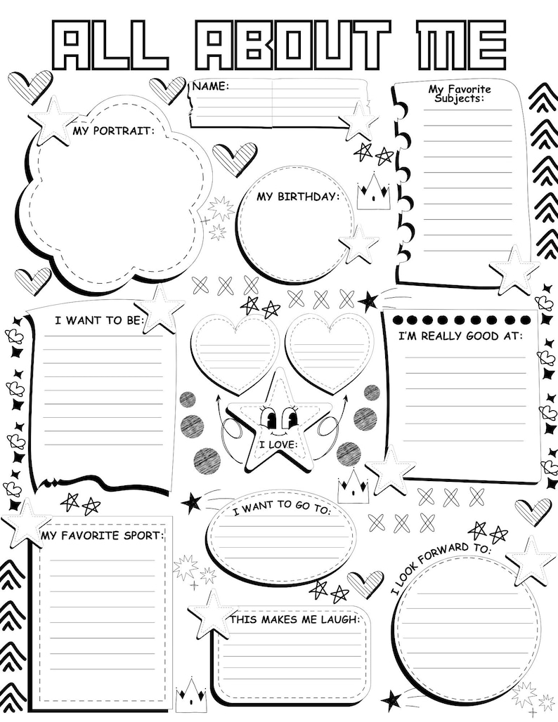 May include: A black and white printable "All About Me" worksheet. Includes spaces for personal details, favourite subjects, and aspirations. Decorated with stars, hearts, and crowns. Ideal for children to complete.