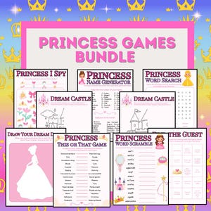May include: A collection of princess-themed games in pink and gold. The bundle includes games such as "Princess I Spy," "Princess Name Generator," and "Princess Word Search." The title "Princess Games Bundle" is displayed prominently.