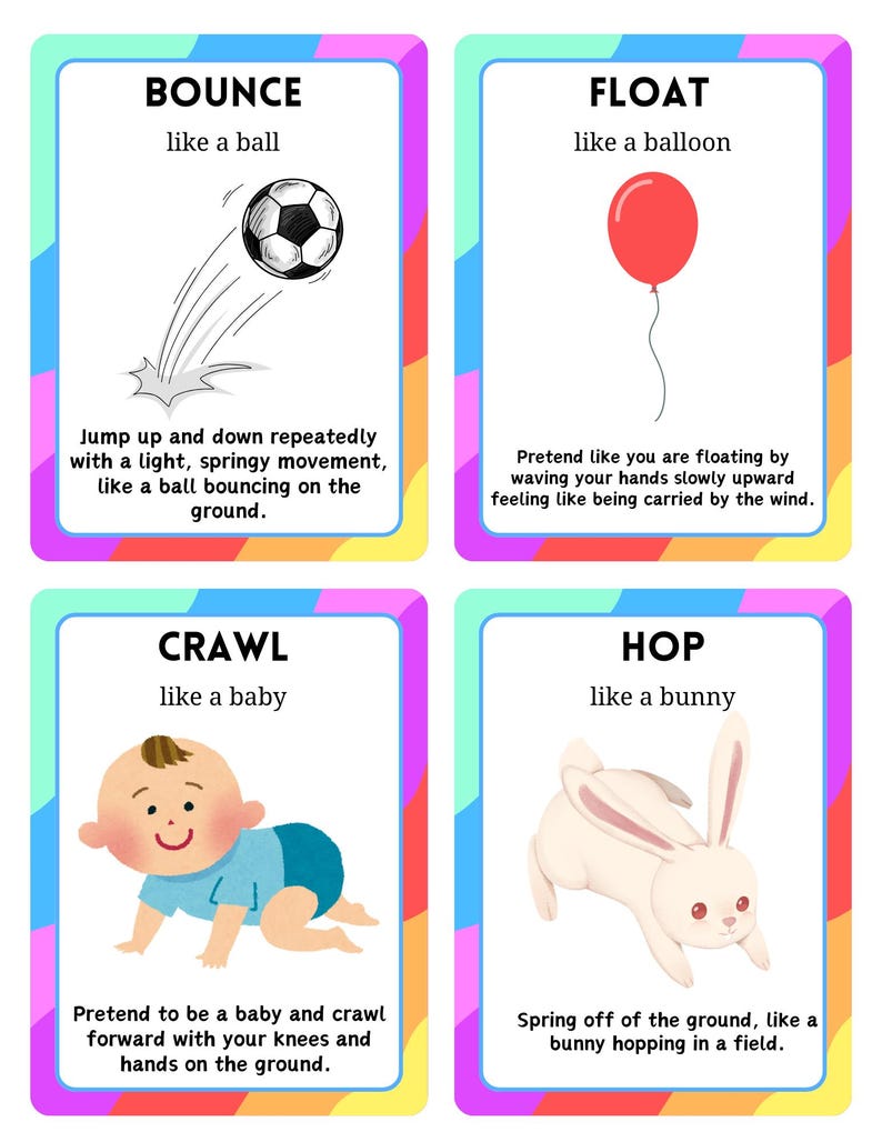 May include: Four colorful flashcards with the words "BOUNCE", "FLOAT", "CRAWL", and "HOP". Each card features an illustration and a short description of the action. The "BOUNCE" card shows a soccer ball, the "FLOAT" card shows a red balloon.
