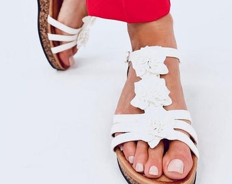 Woman White Sandals Wedges, Ladies Floral Mid-Heel Sandals, Sandals for Woman in Summer Special Occasion, Summer Sandals, Woman Sandals Size