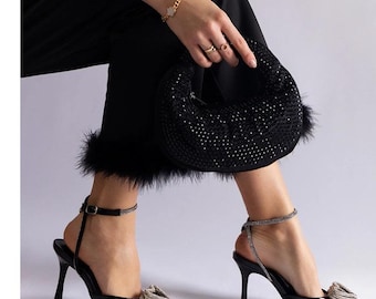 Zapatos de tacón alto negros con tira al tobillo y corazón de diamantes, zapatos de tacón alto cerrados, zapatos de tacón alto para mujer, zapatos de vestir negros de salón.