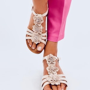 Woman Floral Sandals With Cork Wedge, Ladies Beige Sandals,  Wedge Sandals for Woman Charming Design, Woman Mid Heel Sandals, Sandals Size