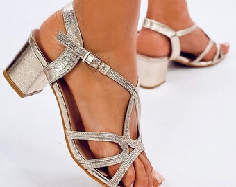 Gold High Heel Sandals, Woman's Block Heel, Special Occasion Shoes, Gold Sandals, Mid Block Heel Sandals for Woman Sizes UK7 EU40