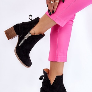 Ladies Black Cut-Out Ankle Boot Side Zip, Woman Black Ankle Boots,  Wood Effect Chunky Heel Boots,  Woman Block Heel Boots Size