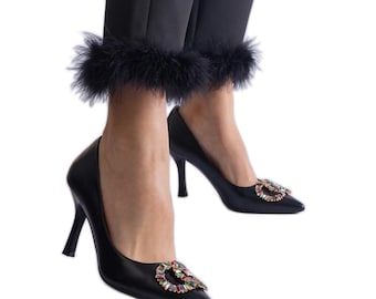 Escarpins noirs avec broche en zircone, escarpins femme, talons hauts à bout fermé pour mariage, bal de promo, escarpins noirs à talons hauts pour femme