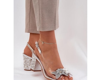 Sliver Block Heel Decorative Flowers Sandals, Embellished Heels, Woman Shoes for Weddings, Wedding Shoes for Woman, Bridal Wedding Shoes