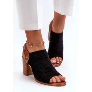 Woman Black Peep Toe Sandals,  Ladies Black Sandals Block Heel, Woman Block Heeled Sandals, Charming Slingback Heels