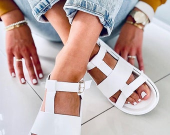 White Open Toe Buckle Strap Sandals,  Woman Sandals Size UK 7 EU40,  Ladies Flat White Open Toe  Sandals,  Strappy Casual Sandals for Woman