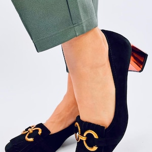 Woman Black Heeled Court Shoes with Copper Heels, Fringe Front Court Heel Shoes, Ladies Block Heels with Closed Toe, Ladies Block Heel Shoes