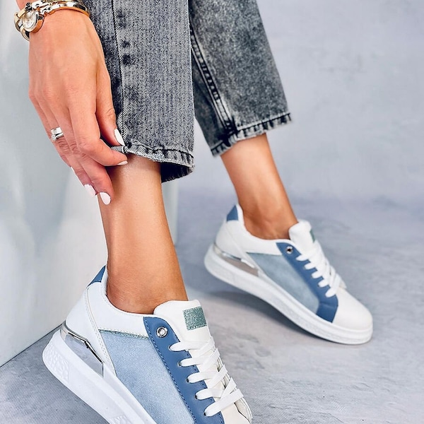 Woman Two Tone Blue White Trainers with Sliver Trim, Ladies  White Sneakers Sport Shoes, Woman Casual Lace-Up Trainers, Woman White Trainers