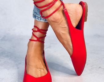 Scarpe ballerine rosse con tacco aperto, scarpe basse da donna, ballerine con cinturino alla caviglia da donna, scarpe basse da donna