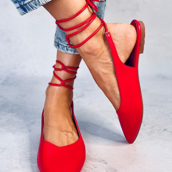 Red Ballet Pump Shoes with Open Heel, Women's Flat Pumps Ladies, Ankle Strap Ballerina Shoes for Woman, Flat Shoes for Woman