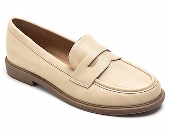 Woman Beige Flat Classic Loafers, Ladies Slip-on Low Heel Shoes,  Loafers for Woman Flat Shoes, Woman Loafers and Slip On Shoes Size