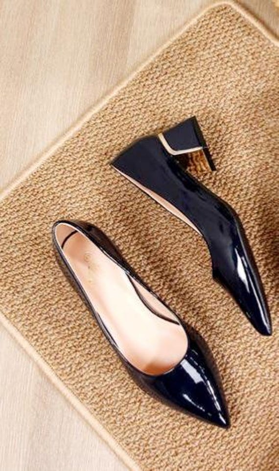 Court Shoes Navy Blue Work Shoes Women's Caldise Leather Low Heel Dress  Shoes Navy Leather Easy