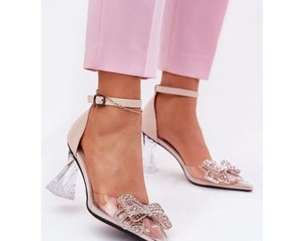 Beige Transparent Pumps with Rhinestone Bow, Elegant Block Heels Wedding Shoes, Unique Block Heels Wedding Shoes for Bride