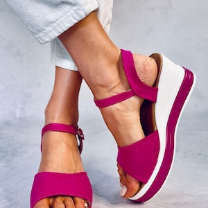 Ladies Pink Cerise Open Toe Sling Back Wedge Sandals, Woman's Lightweight Summer Sandals,  Casual Smart Wedge Heel Sandals, Trendy Sandals