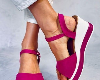 Ladies Pink Cerise Open Toe Sling Back Wedge Sandals, Woman's Lightweight Summer Sandals,  Casual Smart Wedge Heel Sandals, Trendy Sandals