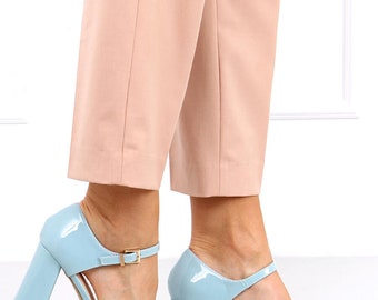 Woman's Classic Blue Block Heel Mary Jane Pumps Size 6 EU39, Ladies High Heels Pump Shoes EU39,  Woman Work Wedding Shoes US8.5 High Heel