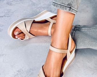 Ladies Beige Mid Low Wedge Open Toe Sandals, Woman's Platform Sandals, Casual Smart Wedge Heel Sandals, Wedge Heel Sandals, Wedge for Ladies