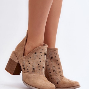 Ladies Block Heel Ankle Boots, Decorated Patten Cutout Boots Brown, Woman High Heel Boots, Woman&#39;s Ankle Boots