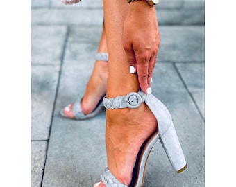 Ladies Grey Block Heel Sandals, Woman Peep Toe Shoes with Plaited Design Finish, Wedding Sandals for Woman, Sandals UK7, 8  EU40, 41, US9 10