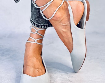 Woman Flat Grey Ballet Pump Shoes with Open Heel, Women's Flat Pumps Ladies, Ankle Strap Ballerina Shoes for Woman, Flat Shoes for Woman