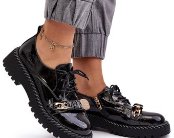 Zapatos planos de mocasín negro con cordones para mujer con diseño de hebilla delantera dorada, zapatos negros de charol para mujer de diseño único, zapatos negros con cordones para mujer
