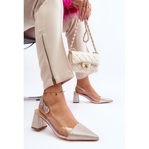 Elegant Gold Pointed Toe Rhinestones Decorative Ankle Strap Court Shoes, Closed Toe Wedding Shoes, Mid Block Heels, Gold Wedding Shoes