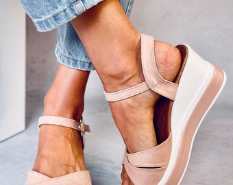 Sandali leggeri rosa rosa da donna taglia 8, sandali con zeppa aperti da donna, scarpe con tacco medio con cinturino sul retro, sandali aperti da donna per l'estate