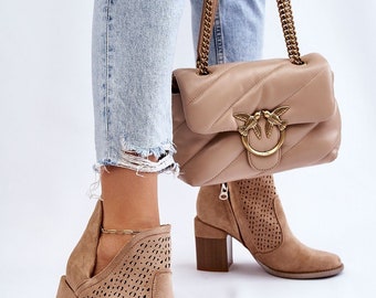 Woman's Beige Cut-Out Design Ankle Boots, Ladies Chunky Heel Boots,  Woman High Heels Ankle Boots