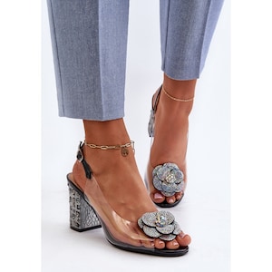Black Floral Embellished Wedding Sandals, Block Heels Sandals for Woman,  Special Occasion Shoes Sandals, Party Prom Sandals