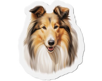 Puede incluir: Una pegatina con una ilustración detallada de la cabeza de un perro Collie. El perro tiene un pelaje marrón y canela, un pecho blanco y una expresión feliz. La pegatina está recortada alrededor del contorno del perro.