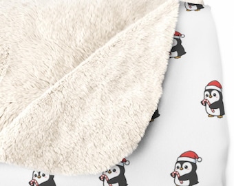 Christmas Penguin Sherpa Fleece Blanket - Holiday Home Decor, Cozy Throw, Penguin Lover Gift