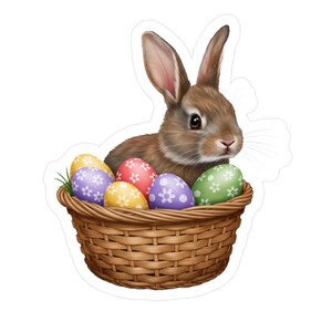 Vinyl Decal Sticker, Easter Bunny in Basket of Eggs, Holiday Decor, Car Window Decal, Laptop Decal, Planner Sticker