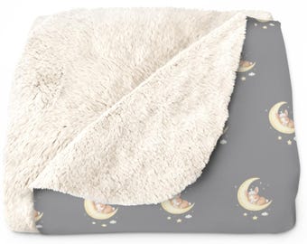 Bunny Moon Sherpa Fleece Blanket, Soft Throw Blanket, Cozy Home Decor, Kids Bedroom Decor, Baby Shower Gift