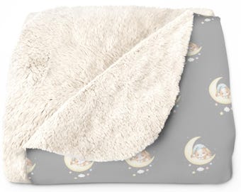 Bunny Moon Sherpa Fleece Blanket, Soft Throw Blanket, Cozy Home Decor, Kids Bedroom Decor, Baby Shower Gift