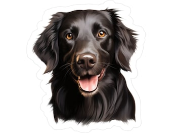 Puede incluir: Una pegatina con una ilustración digital de un perro negro de pelaje largo y suave, ojos de color ámbar y una lengua rosada visible con la boca ligeramente abierta. El perro se muestra desde el pecho hacia arriba sobre fondo blanco.