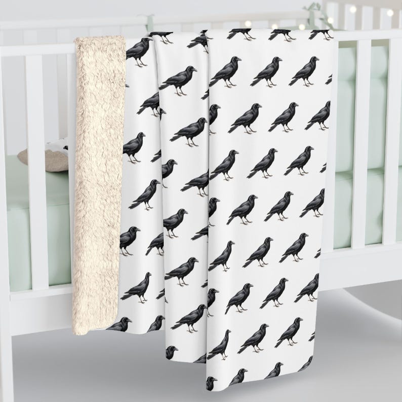 Sherpa Blanket, Crow Design - Cozy Throw Blanket, Wildlife Lover Gift, Animal Print Decor, Nature Inspired Bedding, Unique Home Decor image 2