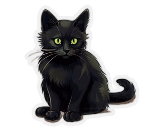 May include: A black cat with green eyes sits with its tail curled around its body. The cat is looking directly at the viewer.
