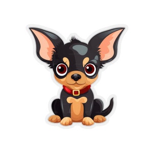May include: A cartoon illustration of a black and brown chihuahua with big brown eyes, wearing a red collar. The chihuahua is sitting with its front paws together and its tail curled behind it.
