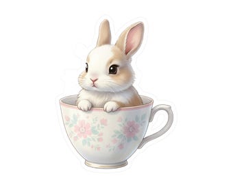 Bunny in a Teacup Decals, Vinyl Stickers, Cute Animal Laptop Decal, Nursery Wall Decor, Easter Bunny Decal