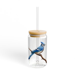 Copo Sipper Blue Jay | Copo de lata de cerveja de pássaro de 16 onças | Tampa de Bambu e Palha Tritan | copo de vidro para amante de pássaros | Presente para amante de pássaros